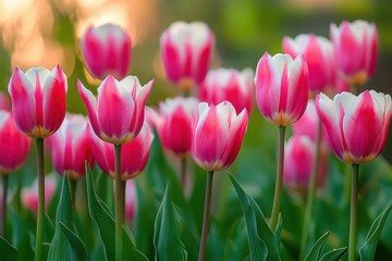 Fototapeta premium Close-up of vibrant pink and white tulips blooming in a sunlit garden evoking a fresh and serene springtime atmosphere