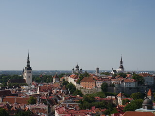 Amazing view of Tallinn, from the top of Saint-Olav's church platform, with beautiful landmarks such as Saint-Nicholas Church and Alexander Nevsky Cathedral, during a lovely summer day.