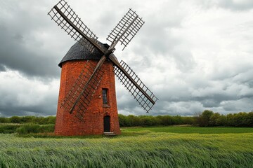 Old brick windmill with large wooden blades standing in a green field under a cloudy sky, evoking a calm and rustic atmosphere