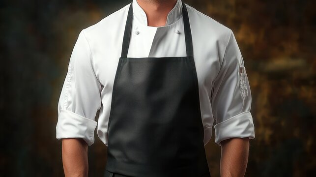 Man wearing a white chef jacket with rolled-up sleeves and a black apron against a dark blurred background