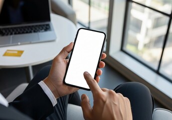 Close up of man's hands holding cell telephone with blank copy space scree for your advertising text message or promotional content, hipster girl watching video on mobile phone during coffee break