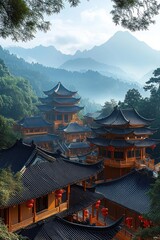 Traditional wooden pagoda-style buildings nestled in lush green forest with misty mountain layers in the background during daylight
