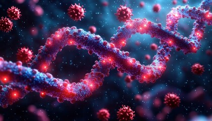 Close-up view of a glowing DNA double helix strand surrounded by red virus particles in a dark blue microscopic environment
