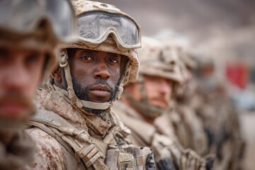 A group of US marines in full gear, Close Up, Desert Combat, Military Operation, Military Training, Neutral Beige Tone