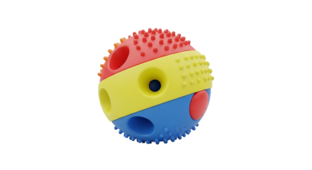 Isolated Spiky Play Ball with Red Yellow and Blue Sections on Clean White Background for Kids and Pets Entertainment