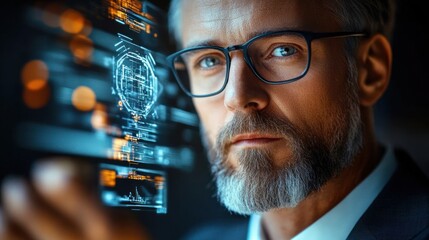 Focused mature man with glasses analyzing futuristic transparent digital interface with blue and orange data graphics in dark environment