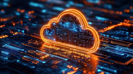 Glowing orange digital cloud icon with circuit board patterns illuminated in blue on a futuristic computer chip surface conveying technology and data connectivity