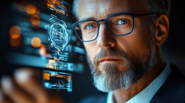 Focused mature man with glasses analyzing futuristic transparent digital interface with blue and orange data graphics in dark environment