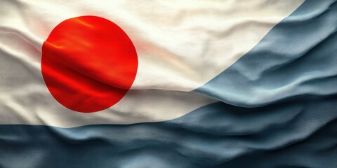 Waving fabric with a bold red circle and shades of blue and white forming abstract patterns, evoking calm and dynamic motion