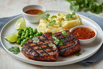 Grilled steak served with mashed potatoes, green peas, lime wedges, fresh cilantro, and two bowls of spicy red sauce on a white plate