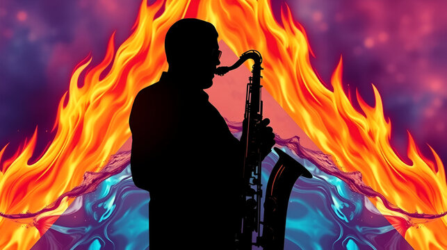 Saxophone player silhouette with geometric fire and water patterns, modern art style, bright colors, artistic arrangement 8K , high-resolution, ultra HD,up32K HD