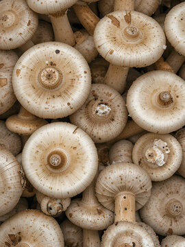top view, close up of, bruised, white cap mushrooms, from mishandling, at Sablet farmers market, France