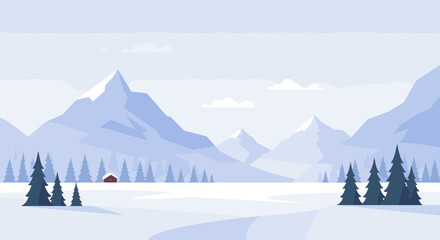 Winter landscape with mountains and trees under a cloudy sky  