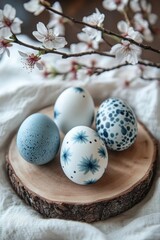 Obraz premium Four hand-painted eggs with blue floral and speckled patterns displayed on a round wooden slab with blooming branch of delicate white flowers above them, soft natural lighting
