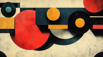 abstract geometric composition with overlapping circles and rectangles in red, yellow, black, blue, and beige tones creating a balanced visual rhythm