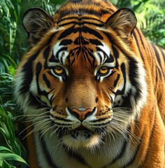 Obraz premium Close-up of a majestic tiger with intense yellow eyes surrounded by lush green foliage in a natural habitat