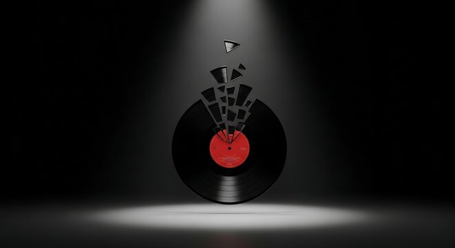 Dramatic shattered vinyl record with vibrant red label in a spotlight setting