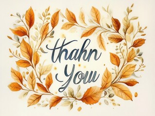 Obraz premium autumn-themed thank you card with warm orange and brown watercolor leaves surrounding elegant cursive text expressing gratitude