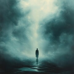Obraz premium Solitary figure walking through a mysterious, foggy landscape surrounded by thick clouds with a dramatic and eerie atmosphere