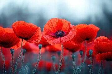 Close-up of vibrant red poppy flowers with delicate petals and green seed pods against a blurred serene blue-gray background
