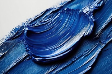 Close-up of thick textured blue oil paint strokes blending smoothly on a white canvas, evoking creativity and artistic expression
