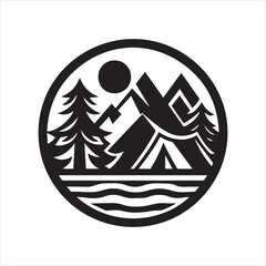 Black and White Camping Scene with Mountains Tent Trees Sun and Water.