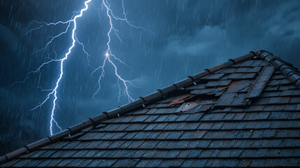 Roof with damaged shingles during heavy rain and lightning storm, illustrating severe weather conditions and structural vulnerability.