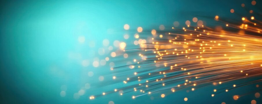 Close-up of glowing fiber optic cables emitting bright orange light points on a blue background symbolizing data transmission and connectivity