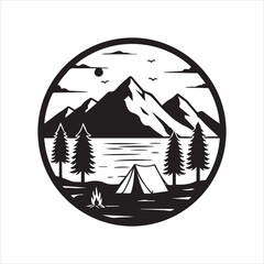 Monochrome Camping Scene with Majestic Mountains and Calm Lake.