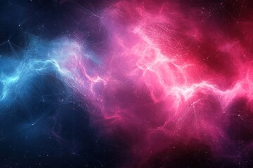 Fototapeta premium Abstract cosmic scene with interconnected network of glowing pink and blue nebula-like clouds and fine luminous lines on dark space background evoking connection and energy