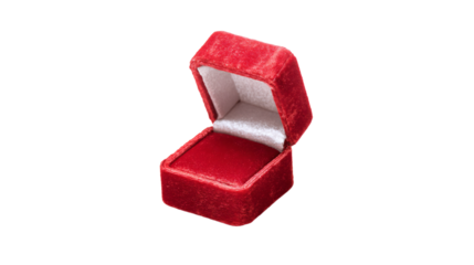 a red velvet ring box with a white interior