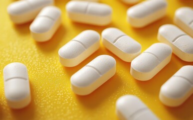 Close-up view of scattered white oblong tablets on a bright yellow surface with a textured background, highlighting the clean, clinical appearance of the medication