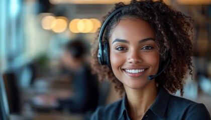 Fototapeta premium Smiling woman with curly hair wearing headset in modern office setting communicating confidently