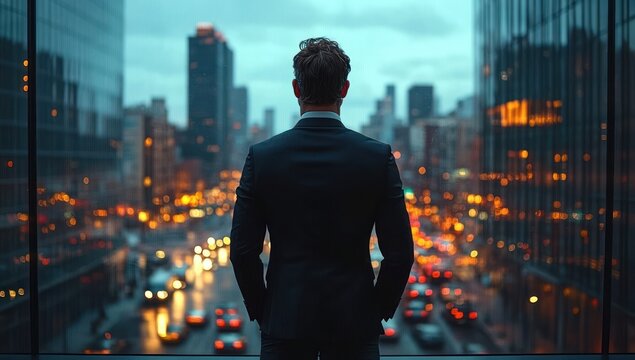 A man in a suit standing indoors looking out through a large window at a cityscape with blurred lights and moving traffic during dusk