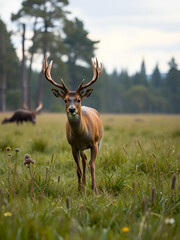 Naklejka premium . Roe deer with antlers comes out of the forest to graze in the meadow