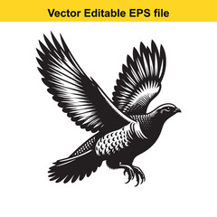 Obraz premium Vector art of black and white illustration of a flying dove isolated on white background long horn, , long horn