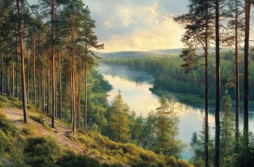 Peaceful river flowing through a dense forest with tall pine trees and soft morning light casting a serene glow over the landscape