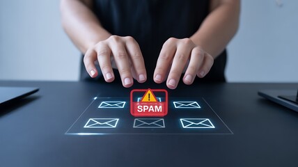 Hands hovering over a digital interface displaying spam email icons and warning security cyber security