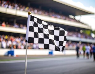 Checkered flag waving over a racetrack.  Crowd in background