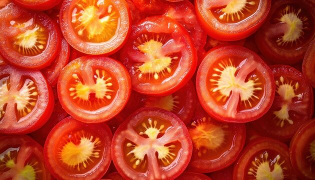 Close-up view of multiple juicy red tomato slices with visible seeds and internal structure tightly packed together