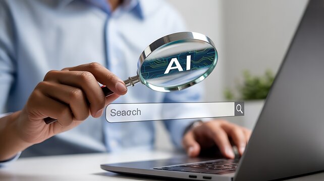 Magnifying glass over AI circuit board on a laptop with search bar artificial intelligence