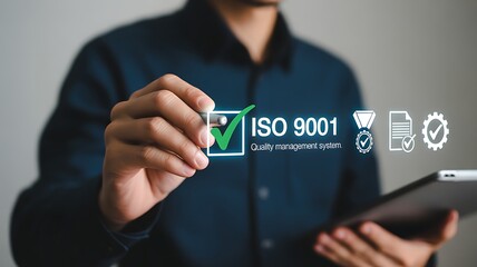 Man touching ISO 9001 quality management system certification icons ISO 9001 quality control