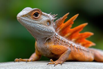 close-up of a vibrant orange and gray lizard with detailed scales and spiky crest, perched on a rock with a blurred green background