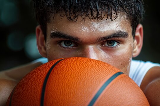Close-up of focused young man holding an orange basketball, sweaty and intense eyes looking forward during outdoor practice