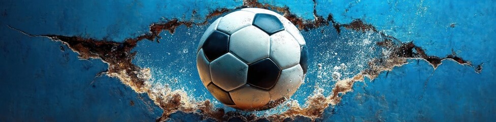 Fototapeta premium worn black and white soccer ball embedded in a cracked and peeling blue painted surface evoking themes of age, decay, and nostalgia