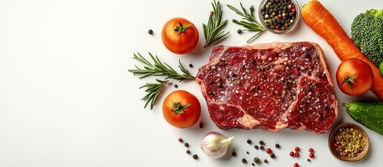 Fresh raw seasoned steak surrounded by cherry tomatoes, rosemary sprigs, a garlic bulb, a carrot, broccoli, cucumber, and bowls of peppercorns and mixed spices on a white surface