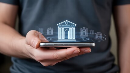 Person holding smartphone with digital bank icons and financial network visualization mobile banking
