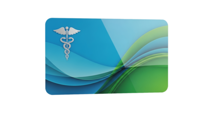 Medical Card Featuring Blue and Green Waves with Silver Caduceus Symbol on Transparent Backdrop for Health and Insurance Concepts
