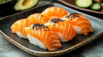 Close-up of Fresh Salmon Nigiri Sushi on Dark Plate, Exquisite Detail