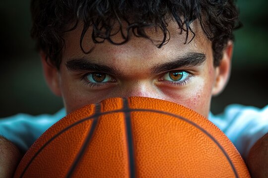 Focused young man looking intently over a basketball with intense determined eyes